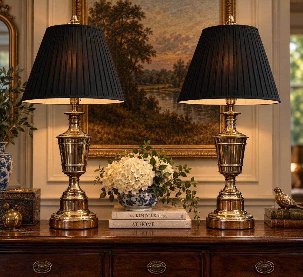Vintage Solid Brass Urn Table Lamps Pair 26" Hollywood Regency Black Shades